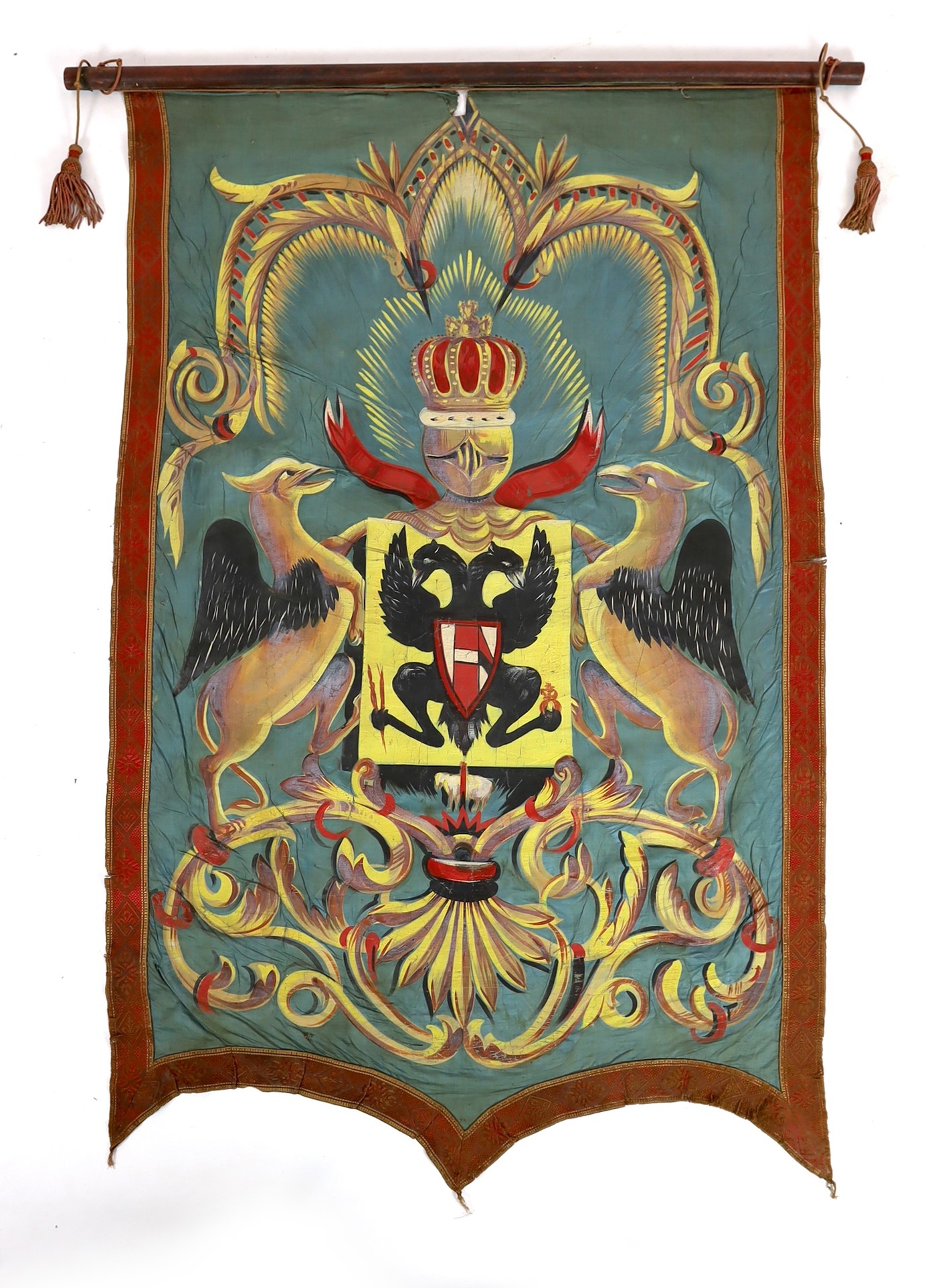 Nine mid 19th century Royal heraldic banners, each approximately 150cms x 50cm